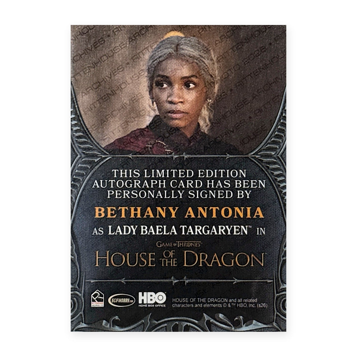 Bethany Antonia Lady Baela Targaryen Autograph HotD Series 2 Rückseite