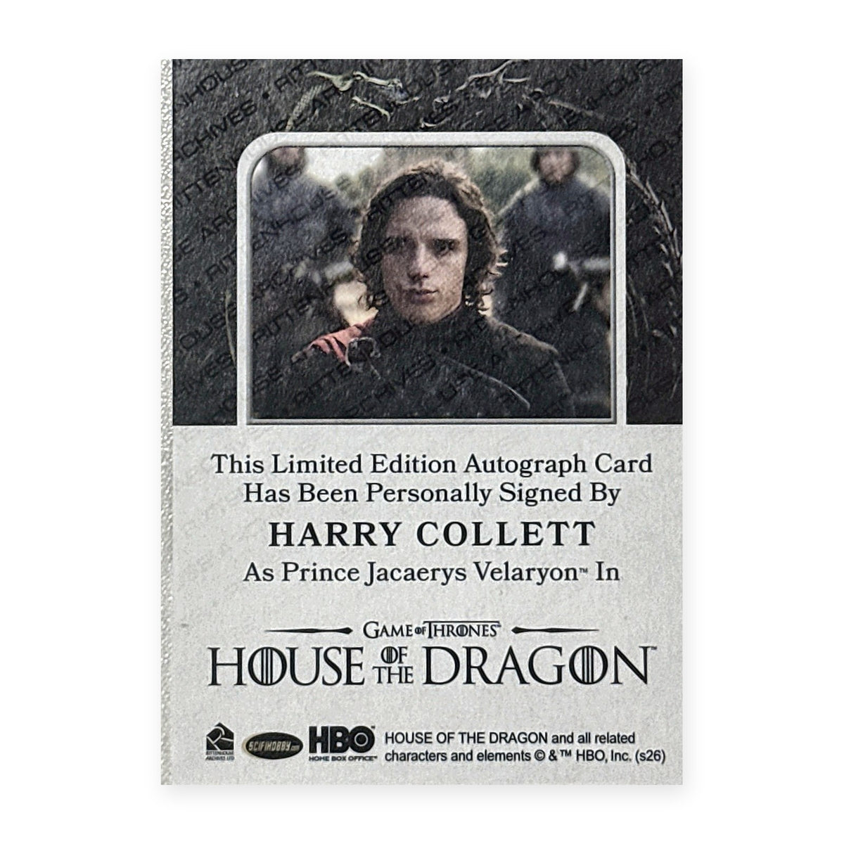 Harry Collett Prince Jacaerys Velaryon Autograph HotD Series 2 Rückseite