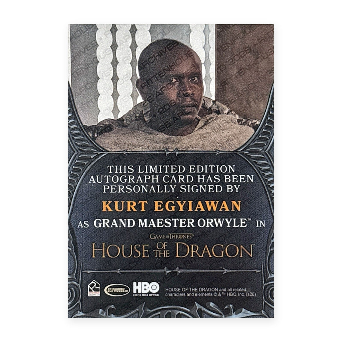 Kurt Egyiawan Grand Maester Orwyle Autograph HotD Series 2 Rückseite