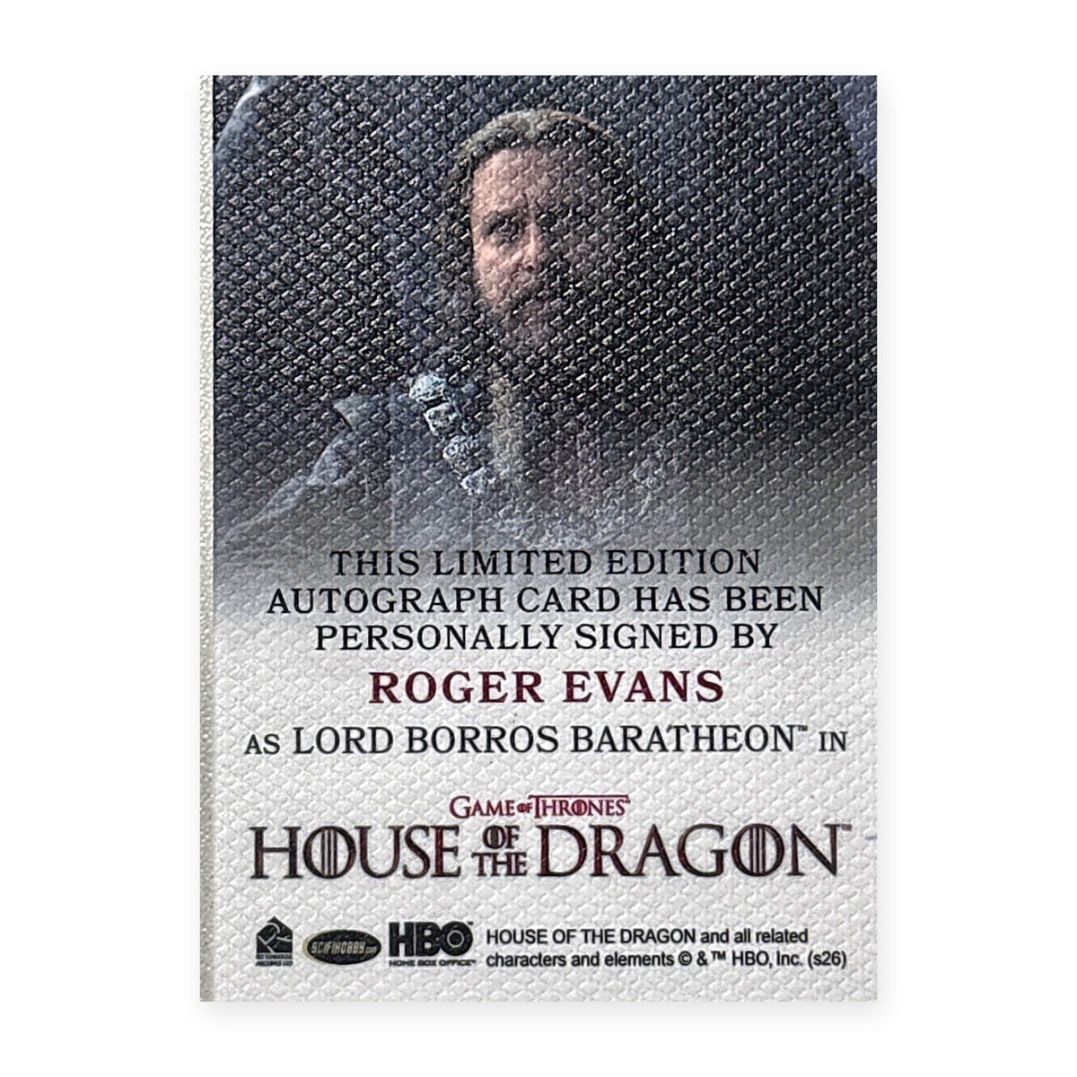 Roger Evans Lord Borros Baratheon Autograph HotD Series 2 Rückseite