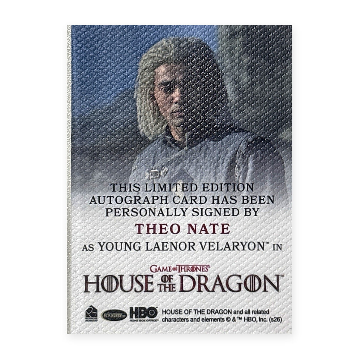 Theo Nate Young Laenor Velaryon Autograph HotD Series 2 Rückseite